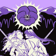 deathless violets image of two sapphics crossing swords with a black, purple, and white background, with a violet radiating rays above them
